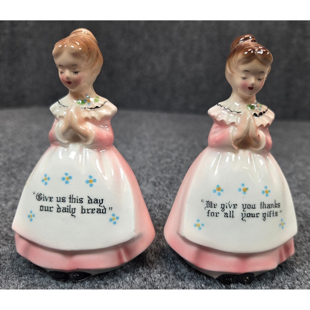 Vintage Enesco Japan Praying Girls Salt and Pepper Shakers Pink Dress Set